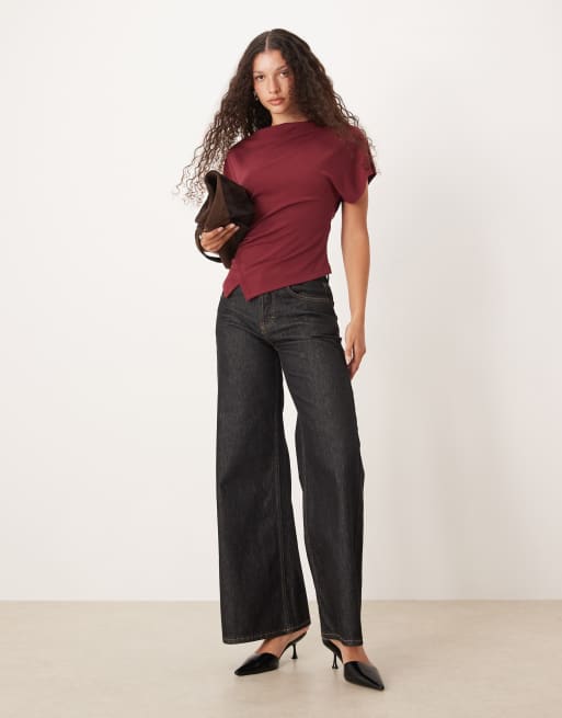 Gina Tricot – Bordowy asymetryczny top z drapowaniem, 2 z 4