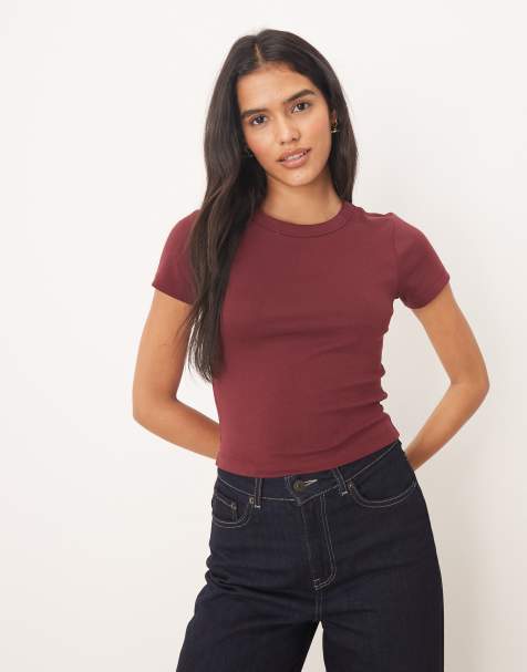 Gina Tricot – Bordowy dopasowany top z krótkimi rękawami - view 1