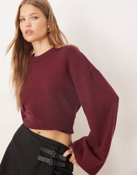 Gina Tricot crew neck wide sleeve fitted knitted jumper in burgundy