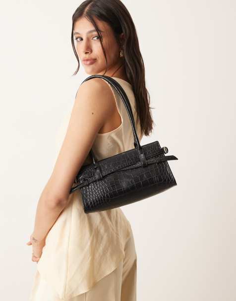 Gina Tricot - Borsa da spalla nera effetto coccodrillo con fibbie - view 1