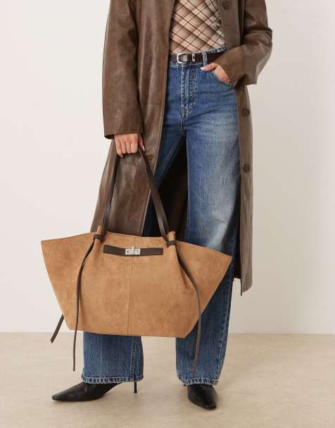 Gina Tricot - Borsa shopping media in camoscio sintetico marrone scuro con tracolla e pochette - view 1