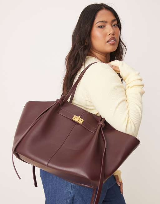 Gina Tricot - Borsa shopping media in pelle sintetica bordeaux con fascette e pochette