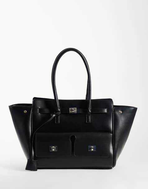 Gina Tricot borsa tote grande in similpelle con dettagli utility nera - view 1