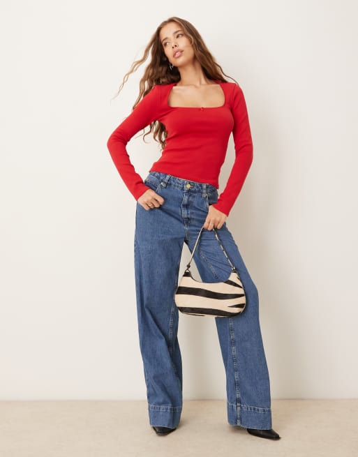 Gina Tricot bow tight rib long sleeve top in red, 2 of 4