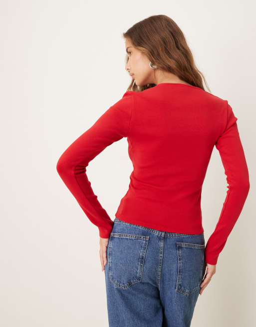 Gina Tricot bow tight rib long sleeve top in red, 3 of 4