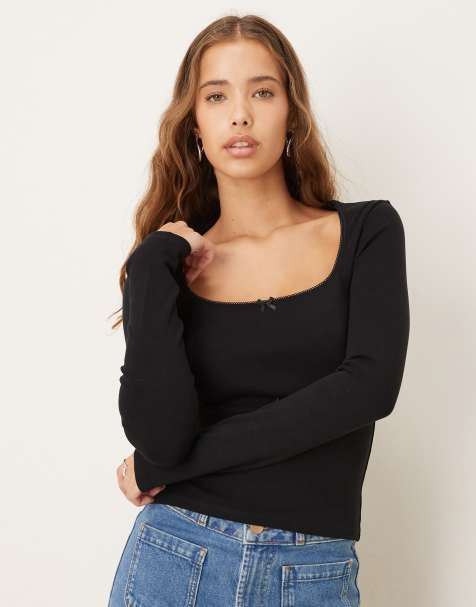 Gina Tricot bow tight ribbed long sleeve top in black - view 1