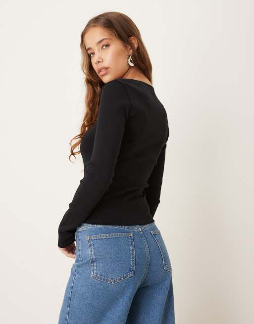 Gina Tricot bow tight ribbed long sleeve top in black, 3 of 4