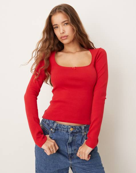 Gina Tricot bow tight ribbed long sleeve top in red - view 1