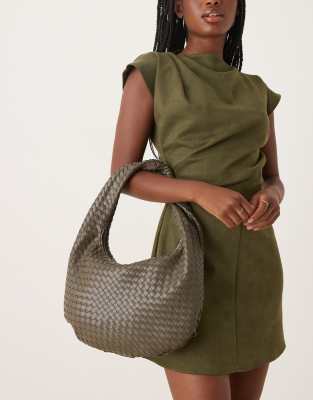 GINA TRICOT Gina Tricot braided large tote handbag in dark khaki-Green