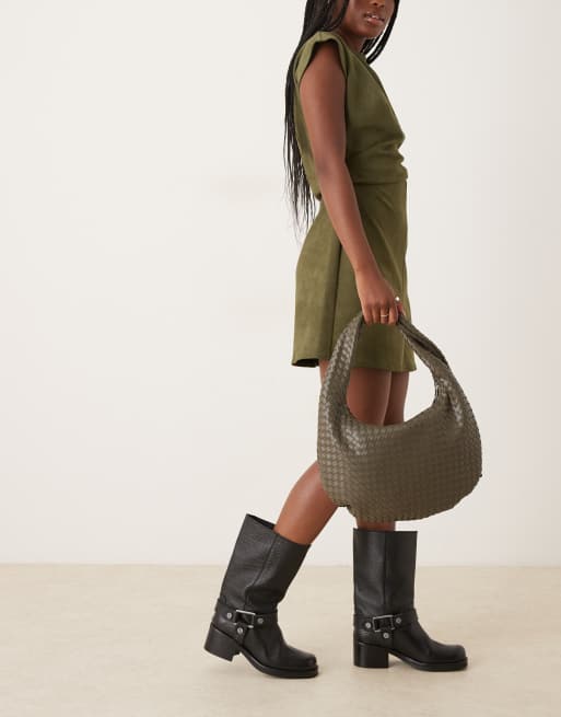 Gina Tricot braided large tote handbag in dark khaki