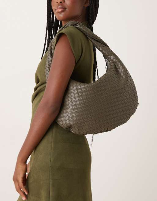 Gina Tricot braided large tote handbag in dark khaki
