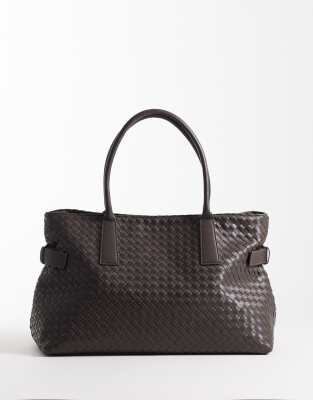 Gina Tricot Braided Squares Tote In Brown