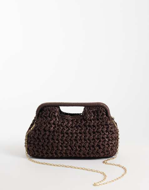 Gina Tricot braided straw clutch bag in dark brown - view 1