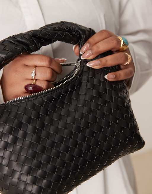 Gina Tricot braided weave small tote handbag with twisted handle in black, 4 of 4