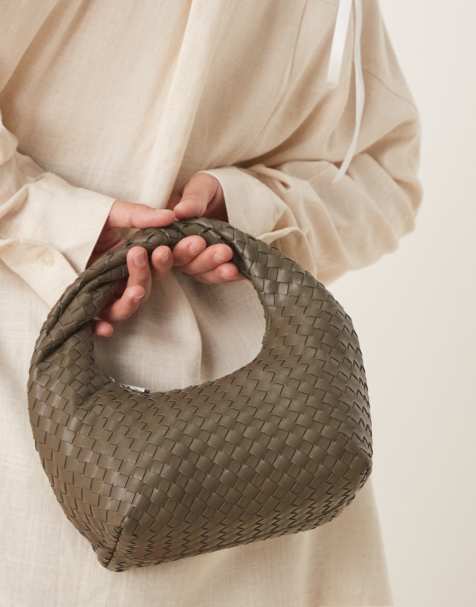 Gina Tricot braided weave small tote handbag with twisted handle in khaki green - view 1