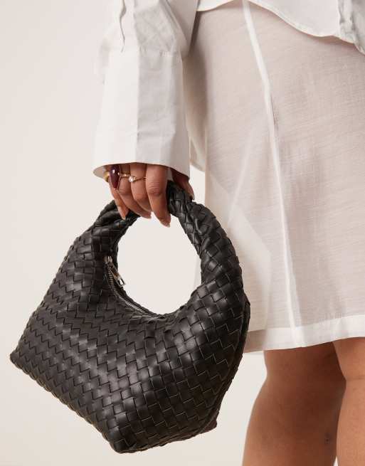 Gina Tricot braided weave small tote purse with twisted handle in black