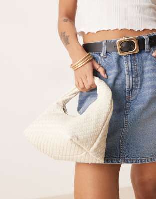 Gina Tricot Braided Woven Small Tote Handbag With Twisted Handle In White