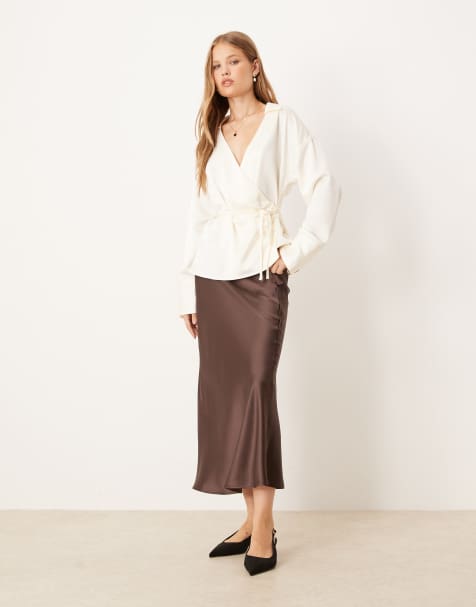 Gina Tricot midi satin skirt in brown