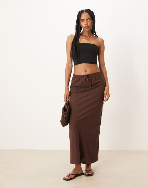 Gina Tricot linen mix drawstring maxi skirt in brown