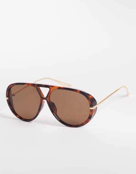 Gina Tricot – Brązowe, szylkretowe, wyraziste okulary przeciwsłoneczne typu aviator - view 1