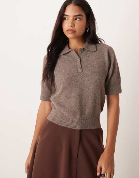 Gina Tricot knited short sleeve collar top in brown