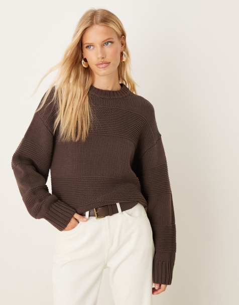 Gina Tricot crew neck textured stripe stitch chunky knitted sweater in brown