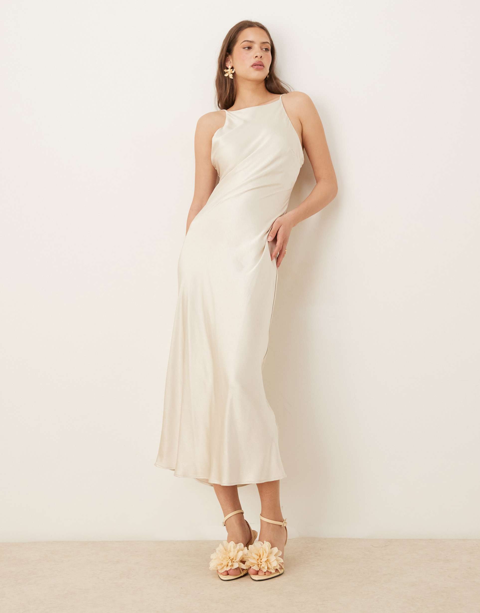 gina tricot bridesmaid high neck maxi satin dress in light gold