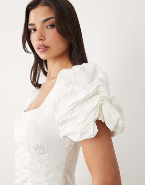 Gina Tricot brocade mini dress with puff sleeves in off white  - view 1