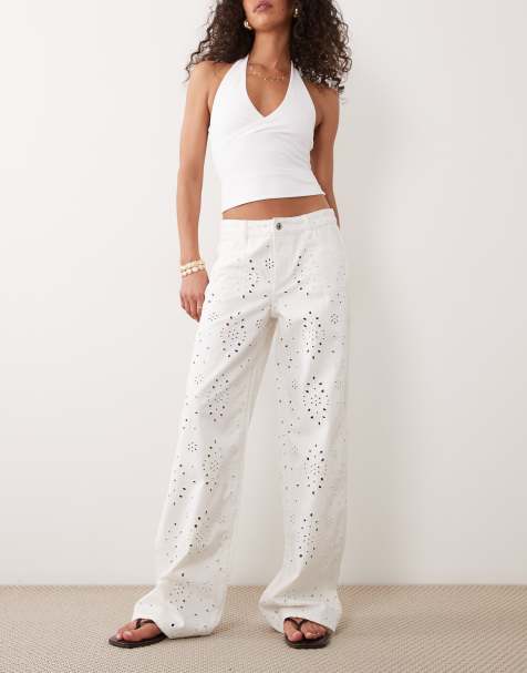 Gina Tricot broderie wide leg jeans in off white - view 1