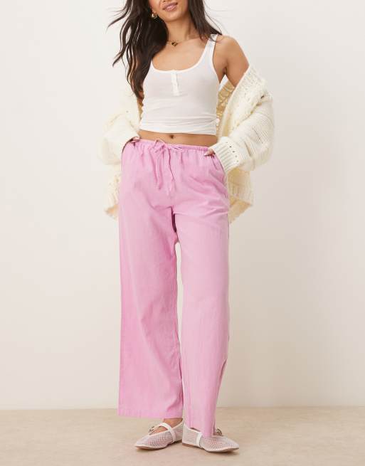Gina Tricot - Broek van linnenmix met wijde pijpen en trekkoord in roze