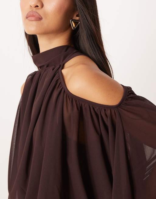 Gina Tricot – Brun blus med bara axlar och hög krage, 2 av 4