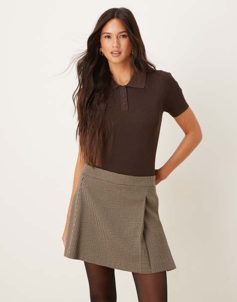 Gina Tricot - Brun mininederdel med plisseringer og tern - view 1
