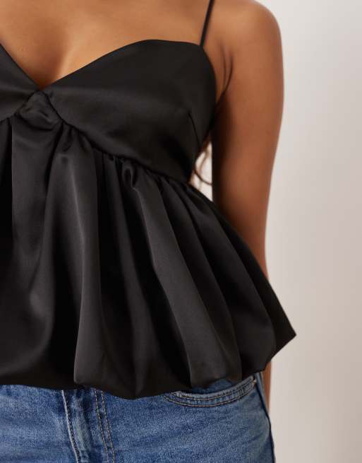 Gina Tricot bubble singlet peplum top in black, 3 of 4