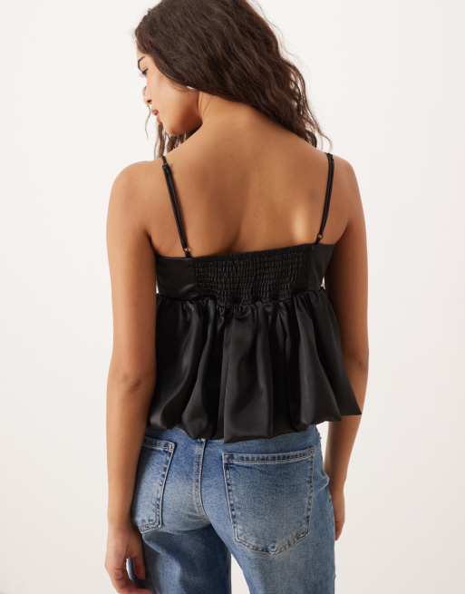 Gina Tricot bubble singlet peplum top in black, 4 of 4