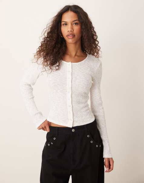 Gina Tricot button front rib long sleeve top in white - view 1