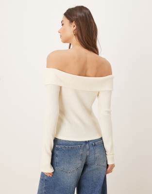 GINA TRICOT BUTTON FRONT RIBBED LONG SLEEVE OFF-THE-SHOULDER TOP 