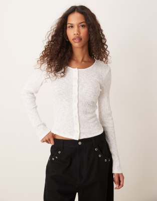 button front ribbed long sleeve top in white