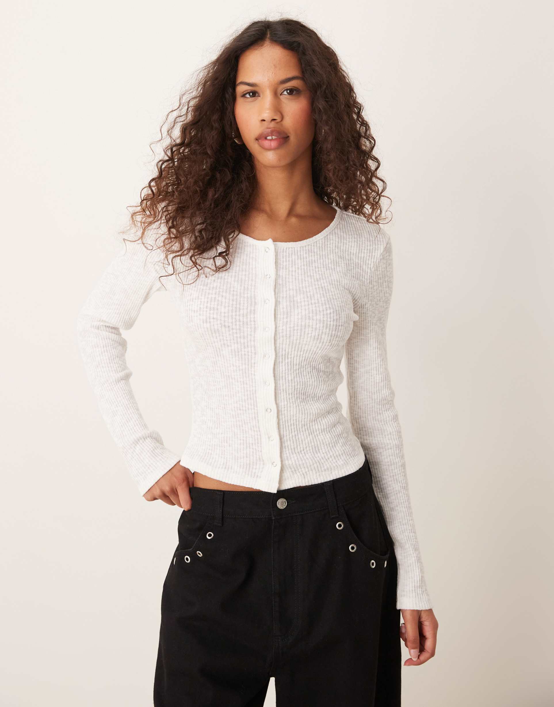 gina tricot button front ribbed long sleeve top in white
