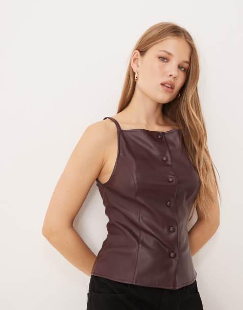 Gina Tricot buttoned PU top in burgundy - view 1