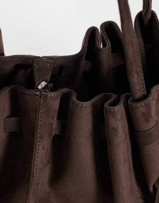 Gina Tricot - Cabas en daim froncé à poignées longues - Marron chocolat, 3 de 4