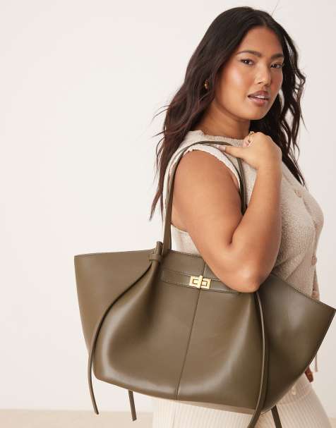 Gina Tricot - Cabas format moyen en similicuir avec lanières - Kaki taupe intense - view 1