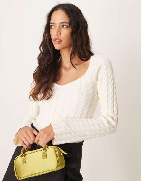 Gina Tricot cable knit fitted sweater with sweetheart neck in cream