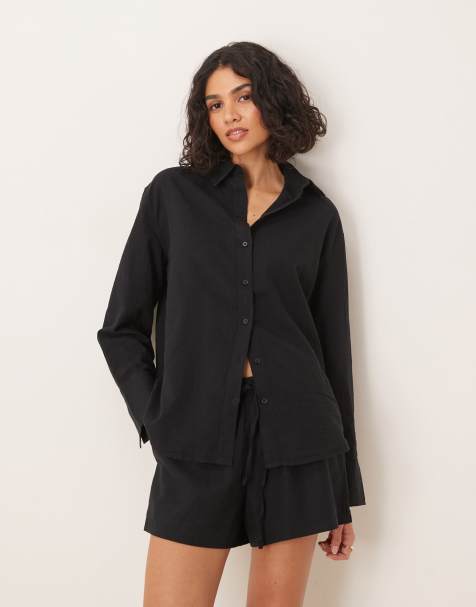Gina Tricot - Camicia a maniche lunghe nera in lino - view 1
