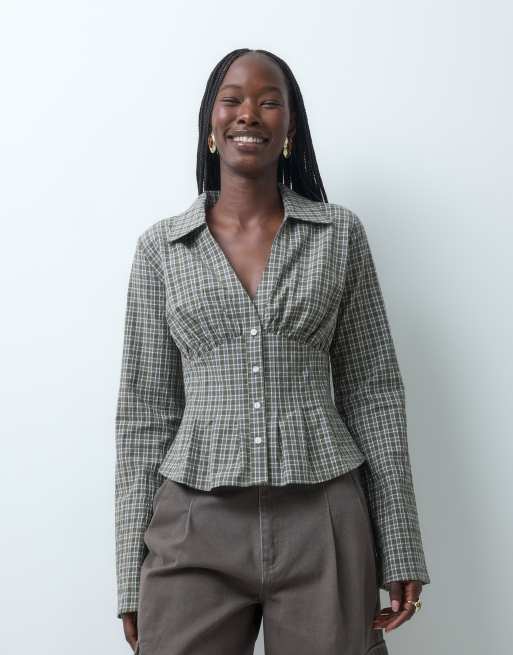 Gina Tricot camicia a quadri verde con vita stretta e scollo a V, 5 di 5