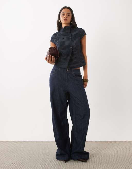 Gina Tricot camicia con collo a imbuto a righe sottili navy, 3 di 4