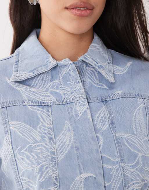 Gina Tricot - Camicia giacca di jeans ricamata lavaggio blu chiaro, 2 di 4