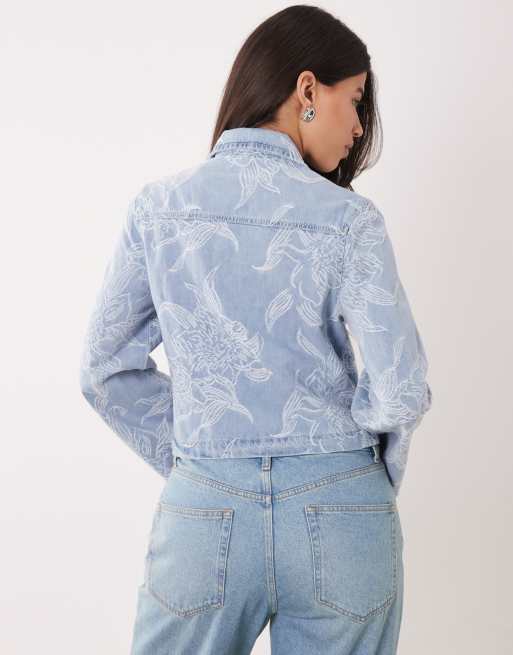 Gina Tricot - Camicia giacca di jeans ricamata lavaggio blu chiaro, 3 di 4