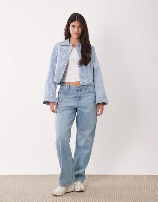 Gina Tricot - Camicia giacca di jeans ricamata lavaggio blu chiaro, 4 di 4
