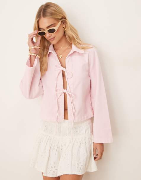 Gina Tricot - Camicia in denim rosa con maniche ampie e laccetti sul davanti - view 1