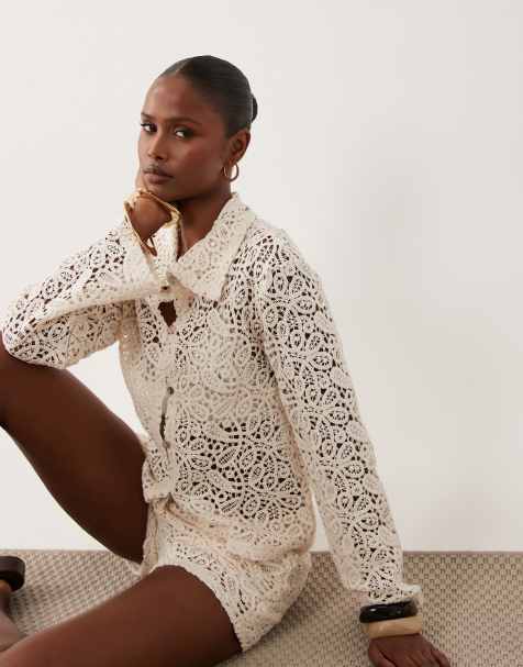 Gina Tricot - Camicia in maglia all'uncinetto bianco sporco in coordinato - view 1